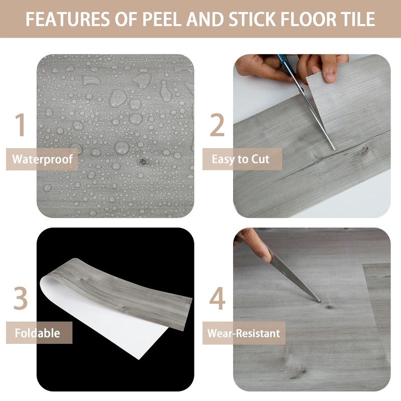 Peel and Stick Floor Tile, 10-Pack 15 Sq.Ft, Natural Grey