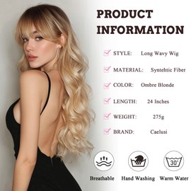 Long Blonde Wig for Women Layered Wavy Wig with Bangs 24 Inch Ombre Blonde Wigs Curtain Bang Synthetic Wigs for White Women Blonde Wig with Dark Roots Curly Hair Replacement Wigs for Daily Party Use