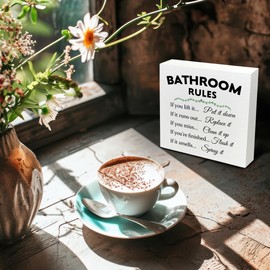 Kneaotoaji Rustic/Farmhouse Bathroom Rules Sign - 5x5 Inch, White, MDF, Decorative Signs, Tabletop Mount, Perfect for Office, Bedroom, Promotional, 1 Count