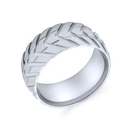 Bling Jewelry Mens Mechanic Car Racer Tire Tread Band Ring For Men For Bikers Matte Brushed Silver Tone Stainless Steel 8MM