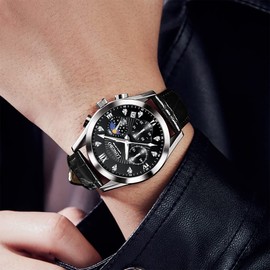 devaco Quartz Casual Mens Watches Genuine Leather Strap Waterproof Watches for Men,Night Light Calendar Chronograph Watch for Men