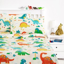 Wake In Cloud - Dinosaur Bed Sheets for Boys, 100% Cotton, 4-Piece Sheet Set Kids, Cute Jurassic Dinosaur Velociraptor Animal Pattern Printed Bedding, Deep Pocket, Cream, Twin Size