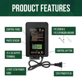 GKOLED 120W Low Voltage Landscape Transformer, Outdoor Landscape Lighting Transformer with Photocell Sensor and Timer, 120V AC to 15V AC for LED Lights, Weatherproof, Heavy-Duty, ETL Listed