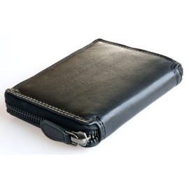FLW Men's Pocket Sized Metal Zip-around Black Genuine Leather Wallet (Zipper-around) - RFID