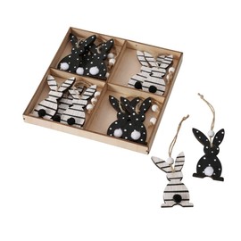 Hoppie Pendant Black White Wooden Rabbit for Hanging Easter Hanger 12 Pieces