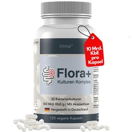 EXVital Flora+ Kulturen Complex with 500 Billion CFU/g - 22 Bacterial Cultures with Acacia Fibre - Effective Intestinal Bacteria, Lactobacillus Salivarius & Bifidobacteria, 120 Vegan Capsules