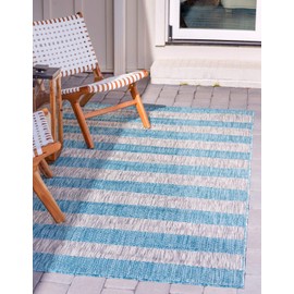 Unique Loom Outdoor Striped Collection Area Rug - Distressed Stripe (8' x 11' 4" Rectangle, Light Aqua/ Gray)