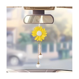 KHGUZ Car Hanging Accessories, Daisy Flower Vehicle Rear View Mirror Pendant Charms, Cute Automotive Interior Decor Hanger Ornament for Women Girls, Universal for SUV, Sedan, Truck (Yellow)