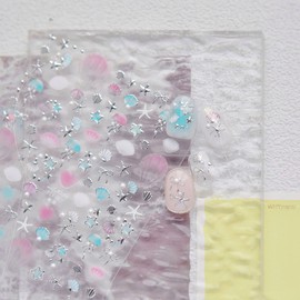 1 Sheets Summer Nail Stickers for Nail Art 5D Embossed Shell Starfish Nail Art Stickers with Bow Pearl Glitter Self-Adhesive Design Silver Star Jellyfish Nail Decals Supplies for Women Girls Acrylic