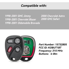 Remote Key Fob Replacement Car Key for 2000 Chevy Astro Blazer/ GMC Jimmy Safari/ Oldsmobile Bravada 1998 1999 2000 2001 Keyles Entry Remote Key KOBUT1BT,15732805 (Pack of 2