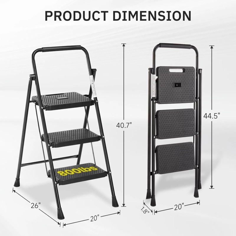 Simple Deluxe Steel Folding 3-Step Stool Ladder Adults With Soft-Grip