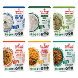 Eat Regal 6 Flavor Ready to Eat Variety Pack of 6, 8.8oz Jasmine, Spanish, Long Grain White, Cilantro & Lime, Mexican, and Veg Fried Rice | Side Dish | Microwavable Food | Rice Microwavable | Heat and Eat