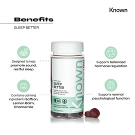 Vegan Sleep Better Mixed Berry Flavoured Gummies by Known Nutrition | Essential Sleep Support with 90mg Saffron, Chamomile, Lemon Balm | 60 Two-a-Day Vegan Gummies (One Month’s Supply) | (Pack of 1)