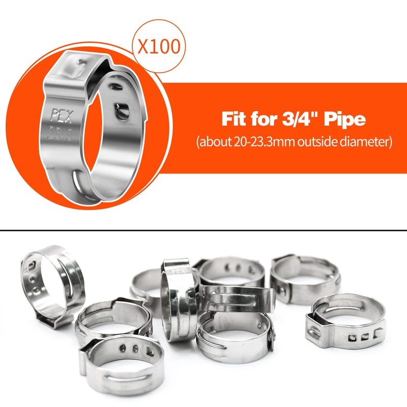 100 Pack 3/4 Inch PEX Cinch Clamps, Stainless Steel Single