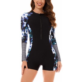 Women’s Beach Swimsuits Half Zip Floral Printed Rashguad Long Sleeve One Piece Bathing Suits Sport Boyshort Swimwear S