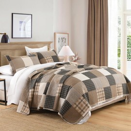 FineStichery Plaid King Quilt Set - 100% Cotton Quilts, King Quilt Bedding Set, Farmhouse Patchwork Quilt, Lightweight Bedspread Coverlet for All Seasons, Brown, 3 Piece, 98"x106"