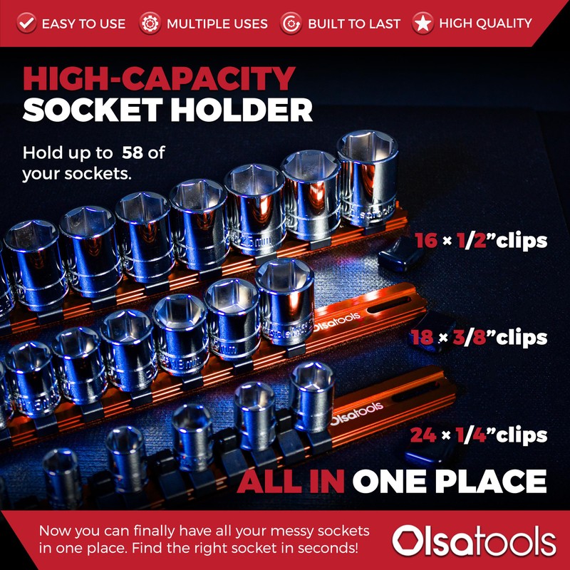 Olsa Tools Aluminum Socket Organizer, 3pc Set - Orange Socket