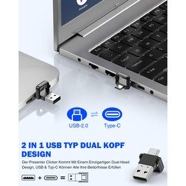 2 in 1 USB and Type-C Presenter, Wireless Presenter Presentation, PowerPoint Remote Control with Full Screen/Black Image Function, Presenter with Hyperlink and Volume Control