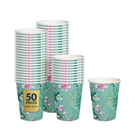 PAW - Disposable Paper Cups (8,5 oz, 50-Pack), Hot & Cold Paper Coffee Cups, Blue Drinking Cups with Floral Theme for Party, Garden Party, BBQ, Picnic