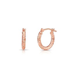 14k Rose Gold Hand Engraved Diamond-cut Round Hoop Earrings, 13mm (0.5 inch Diameter)