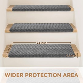 Bullnose Stair Treads Non Slip 9.5" x 32", 7 Pcs Carpet Stair Treads for Wooden Steps Indoor with Edge Protection, Reusable Peel and Stick TPU Backing Stair Runner Rugs - Lattice Pattern Grey