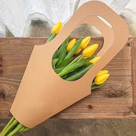 Lesnala 16Pcs Kraft paper flower gift bags with handle Paper cone-shaped bouquet bags Flower bags for bouquets Flower wrapping bags for wedding birthday valentines day flower bar supplies