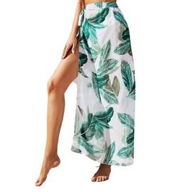 Chiffon Beach Bikini Skirt Cover Up for Swimwear, Womens Leaves Printed Sarong Swimsuit Coverups With Lace-ups, Fashion Bathing Suit Sarong Wraps for Women (Leaves-2)