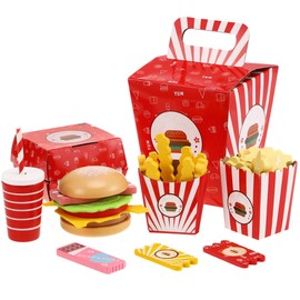 Wooden Fast Food Burger Fries Deluxe Dinner Set, Kitchen Pretend Play Accessories Toy, Realistic Burger Fries Pretend Play Food Set Toy House Props Educational
