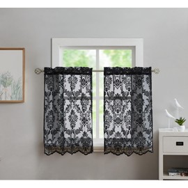 LinenZone Lace Kitchen Curtains. Lace Window Treatment for Kitchen or Small Window. Lace Tiers Can Be Combined with Matching Swags or Valance for a Charming Farmhouse Look. (Fiona 30 x 24 Black)