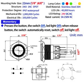 ZJWZJH Push Button Switch 22mm Momentary 24V Metal Power Button 1NO 1NC SPDT On Off Waterproof Industrial Switches with Wire Socket Plug 7/8" 2 PCS (Red, Momentary,24V)