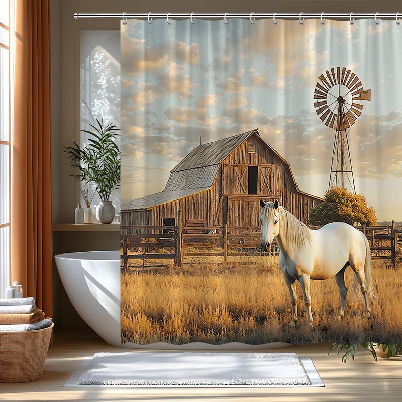 FAXTOZ Fall Horse Shower Curtain Rustic Farm Animal Retro Barn