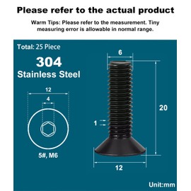 Drenky Countersunk Bolts, M6 Black Socket Screws M6 X 20mm 25 Pcs Hex Screws DIN 7991 / ISO 10642 Rustproof Machine Screws 304 Stainless Steel Hex Socket Countersunk Bolts, Fully Thread