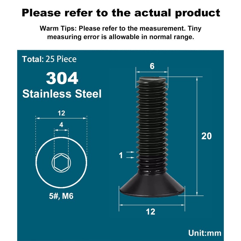 Drenky Countersunk Bolts, M6 Black Socket Screws M6 X 20mm