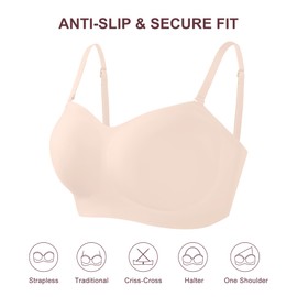 Strapless Bras for Women Bandeau Bra - Push Up Wireless Padded Tube Top Bras with Clear Straps - Tube Tops Minimizer Seamless Plus Size Bralette for Womens Underwire Support Bralettes Back Smoothing