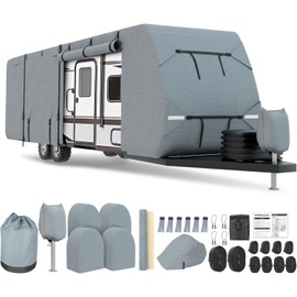 DenForste RV Cover 20-22ft，Travel Trailer Heavy Duty Extra-Thick 8 Layers Anti-UV Waterproof Windproof Camper Cover with Tongue Jack Cover, Extra Windproof Ropes, Gutter Covers