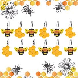 JarThenaAMCS 12Pcs Bee Honeycomb Shower Curtain Hooks Cute Decorative Curtain Hanger Hooks Spring Summer Curtain Rings for Living Room Bedroom Bathroom Decor, 2 Designs