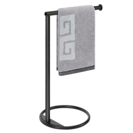 NearMoon Hand Towel Holder Stand, Thicken Metal L Shape Hand Towel Rack, Small Towel Ring, Stable Standing Towel Bar for Bathroom Kitchen Vanity Countertop, 8” L 14” H (Matte Black, 1 Pack)
