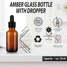 (2 Pack) - 1 oz Amber Glass Dropper Bottles with Tapered Glass Droppers - 30ml Amber Glass Boston Round Bottles with Glass Eye Dropper - Thick Leakproof Essential Oils Bottle for Storage and Travel