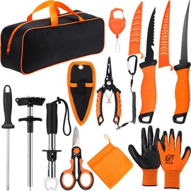RoundFunny 13 Pcs Fishing Tool Kit, Fishing Pliers with Lanyard, Fillet Knife, Fish Lip Gripper, Hook Remover, Braid Scissors, Sharpening Rod, Tool Retractor, Gloves, Microfiber Towel, Storage Bag