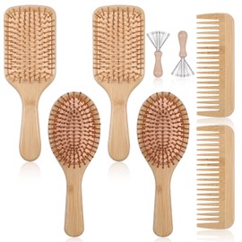 8pcs Bamboo Hair Brush Set, Wooden Brush & Comb Kit with 2 Cleaners - Natural Wooden Hair Brush for All Hair Types, Bamboo Brush for Detangling, Anti-Static Scalp Massage