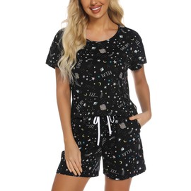ENJOYNIGHT Womens Pajama Shorts Set Summer Sleepwear Cotton Pjs Short Sleeve Lounge Wear with Pockets(Medium,Moon Star)