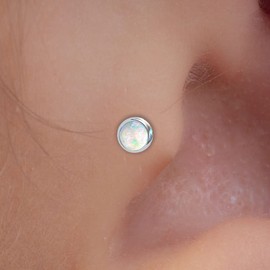 Tiny L Shape Tragus Stud White Opal - 22 Gauge Tragus Pin Stud 925 Silver - Cartilage Studs For Women Men Ear Jewelry
