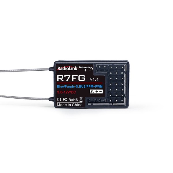 Radiolink R7FG 7 Channels RC Gyro Receiver, Voltage Telemetry Long Range Control, Water-Splash Proof for RC Crawler Drifting Car, Boat, Works for 2.4Gh Radio Controller RC8X RC4GS RC6GS V2 V3/T8S/T8FB