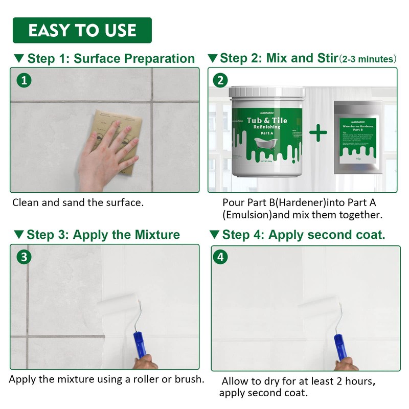 NADAMOO Tub and Tile Refinishing Kit White, Without Tools, 500g/17