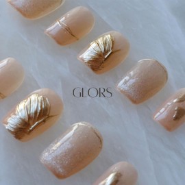 [GLORS] Purely Handmade Short Press On Nails | Flower Dance - Artistic nails with Cat-Eye and Icy Sheer Nude Color | Salon Quality in Short Square 10 pieces(S, SS)