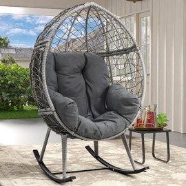 DWVO Wicker Rocking Egg Chair, Oversized Indoor Outdoor Rattan Rocking Chair, Indoor Outdoor Lounger for Patio, Backyard, Living Room, Gray