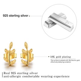 Esberry✦Gift for Christmas✦ 18K Gold Plating 925 Sterling Silver Leaf Stud Earrings Leaves Shape Earrings Hypoallergenic Earrings Jewelry for Women and Girls (Yellow Gold-1)