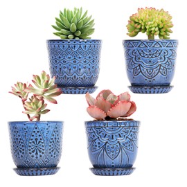 Gepege Succulent Pots, 4 Inch Small Indoor Ceramic Planter Pot with Drainage Holes and Saucers for Plants- Blue - Set of 4