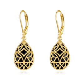Black Onyx Earrings 925 Sterling Silver Gold Celtic Drop Hanging Earrings Jewellery Gift for Women Girls, Sterling Silver, Onyx