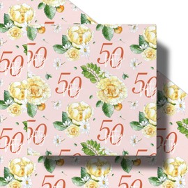 RUSPEPA 50th Birthday Wrapping Paper for Women - Mini Roll - Floral and 50th Birthday Design on Pink Background for Women's Birthday Party and More - 17 inches x 16.4 feet